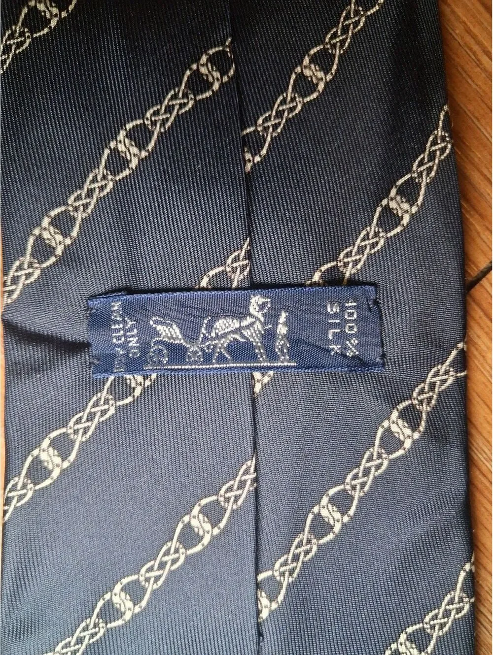 VINTAGE Hermes Silk Tie Navy Horse Chain Links Equestrian